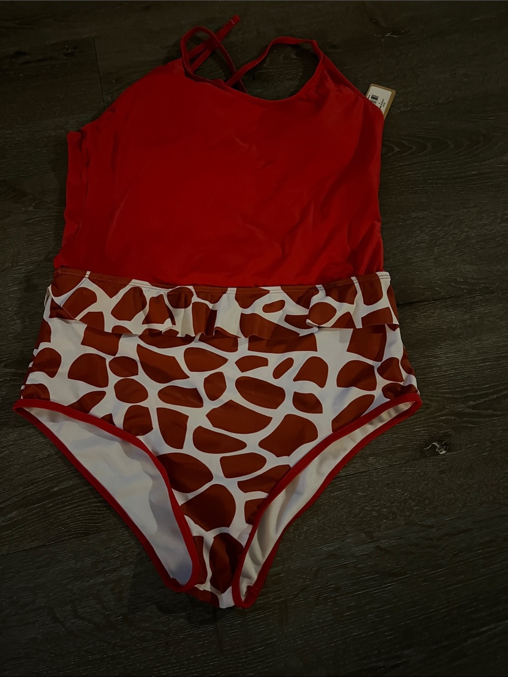 Red woman’s High-Waist One-Piece Swimsuit with Patterned Bottom xl